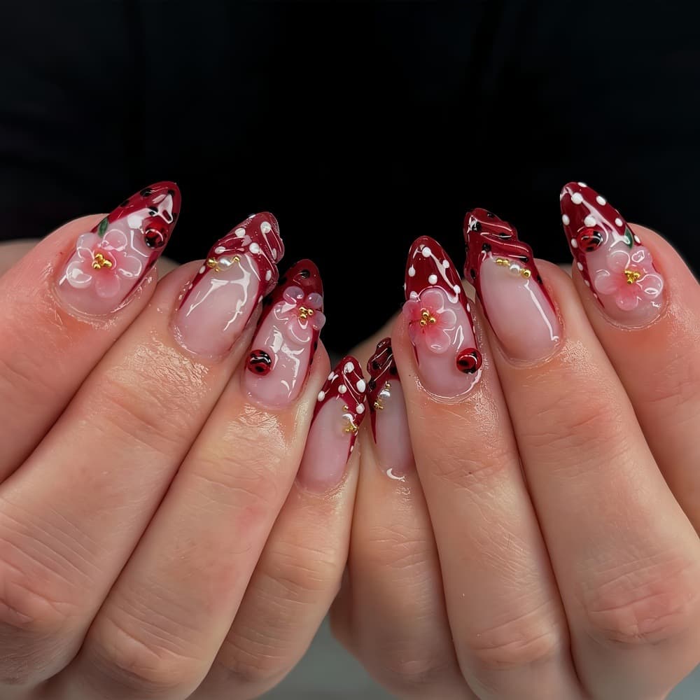 Cross-border Rose Red 3D Gradient Flower Almond Press-On Nails, Ins Seven-Spot Ladybug Polka Dot French False Nail Tips