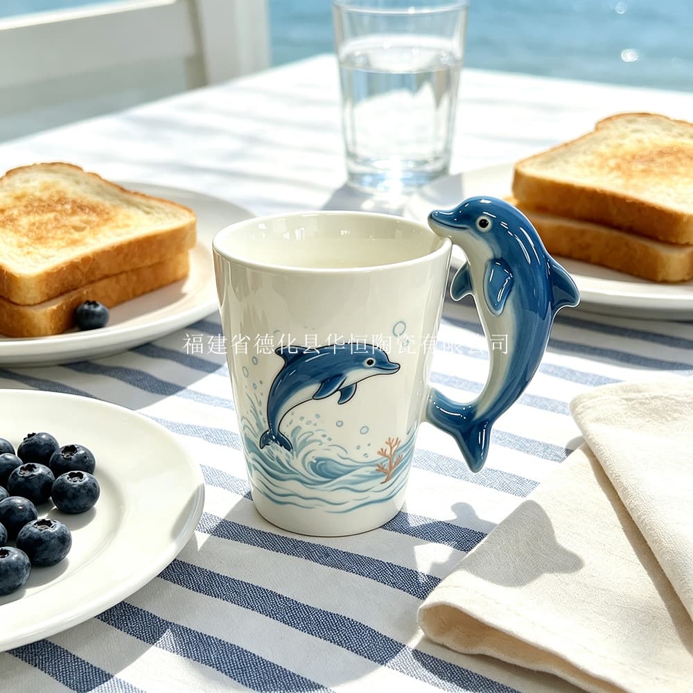 Cross-border blue ocean style three-dimensional animal water cup dolphin shape handle ceramic cup homestay soft decoration water cup