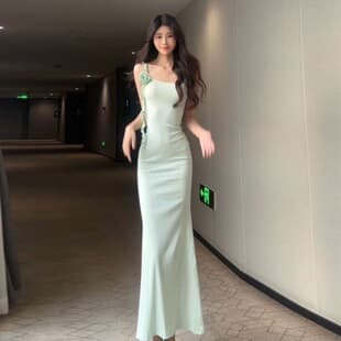 Mint Green Floral Halter Dress for Women Summer Vacation Style Fitted Fishtail Dress Pure Desire Bodycon Long Skirt