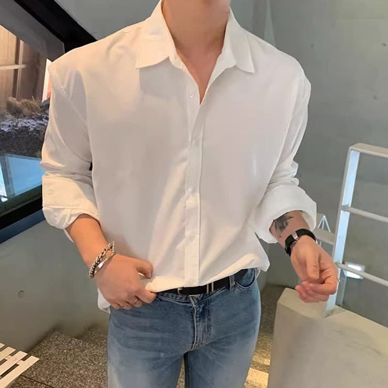 Men's Long Sleeve Shirt Ice Silk Premium Drape Edgy Korean Style Trendy Ins Wrinkle-Resistant Non-Iron Hong Kong Style Casual Shirt