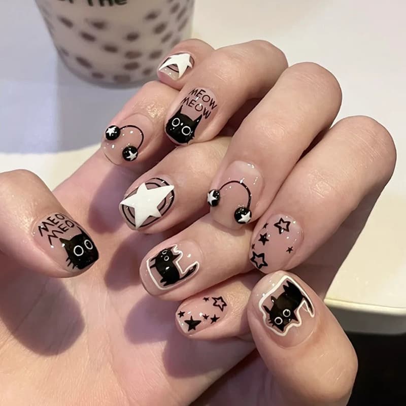 Short square and round fake nails, cute black kitten wearing nails, punk metal music star nail art patches