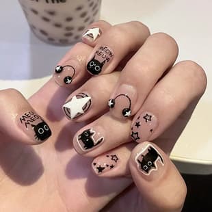 Short Square False Nails Cute Black Kitten Wearable Nails Punk Metal Music Star Nail Tips