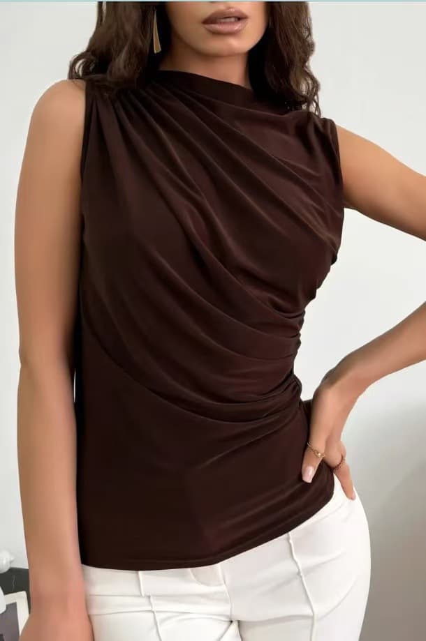 2024 Spring/Summer New Women's Fashion Versatile Solid Color Pleated Sleeveless Pullover Half High Neck T-Shirt