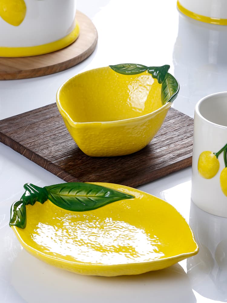 OMK Creative Hand-Painted Relief Lemon Bowl Ceramic Underglaze High-Aesthetic Dessert Fruit Plate Bowl Breakfast Set