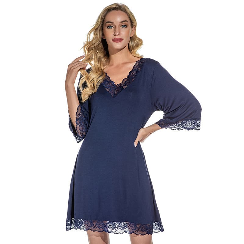 Lace Sexy V-Neck Cotton Pajama Dress for Women, Plus Size Loose Fit, 3/4 Sleeve, Sexy Nightgown