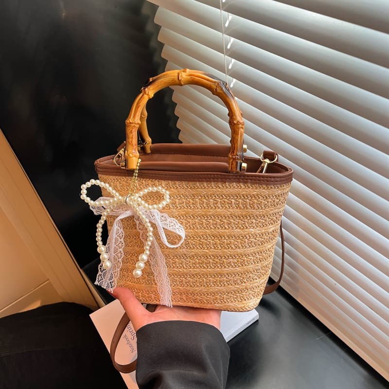 Fashionable Straw Woven Drawstring 2026 New Style Basket Bag with Pendant, Shoulder Crossbody Handbag