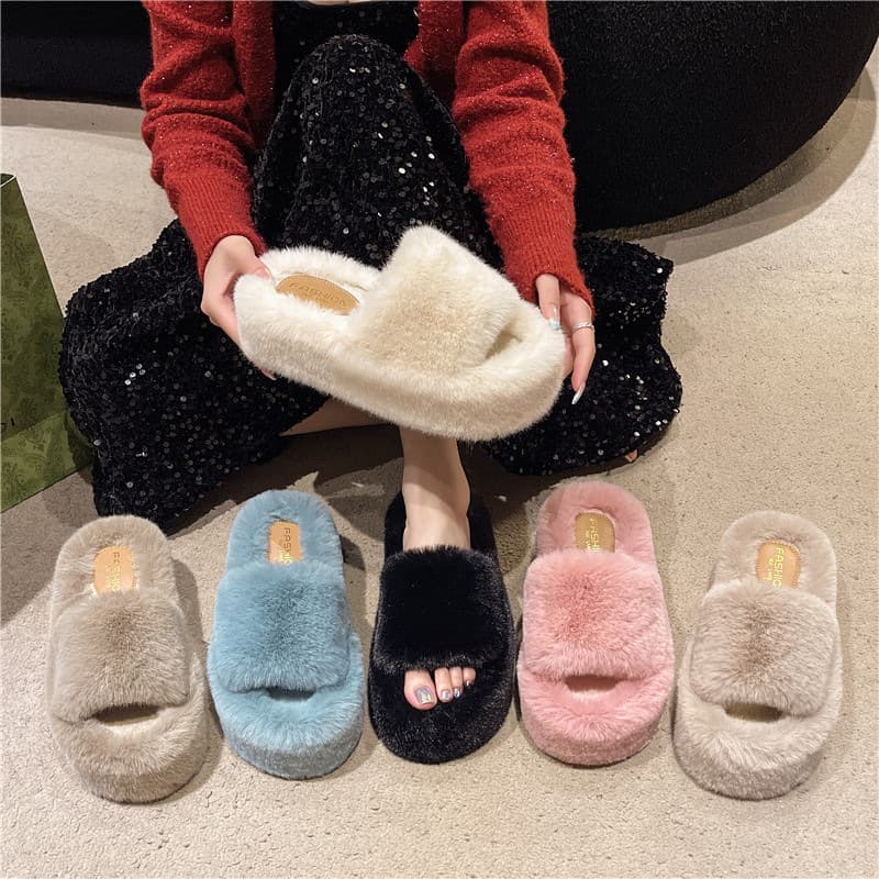 Women's Large Fuzzy Slippers, Outdoor Wear, Autumn and Winter New Arrival, Korean Style Ins Trendy Shoes, Platform Thick Sole Cotton Slippers, Open-Toe Cotton Slippers