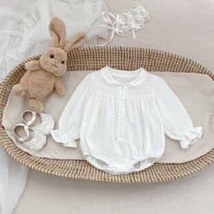 Baby Clothes 2026 Spring New 0-3 Years Baby Girl Solid Bodysuit Double Layer Gauze Turn-down Collar Long Sleeve Onesie