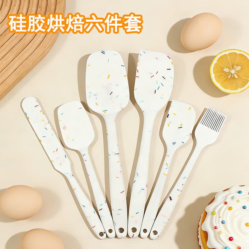Cross-Border New Model Silicone Baking Tools Six-Piece Set Silicone Spatula Kitchen Utensils Integrated Silicone Brush Silicone Scraper