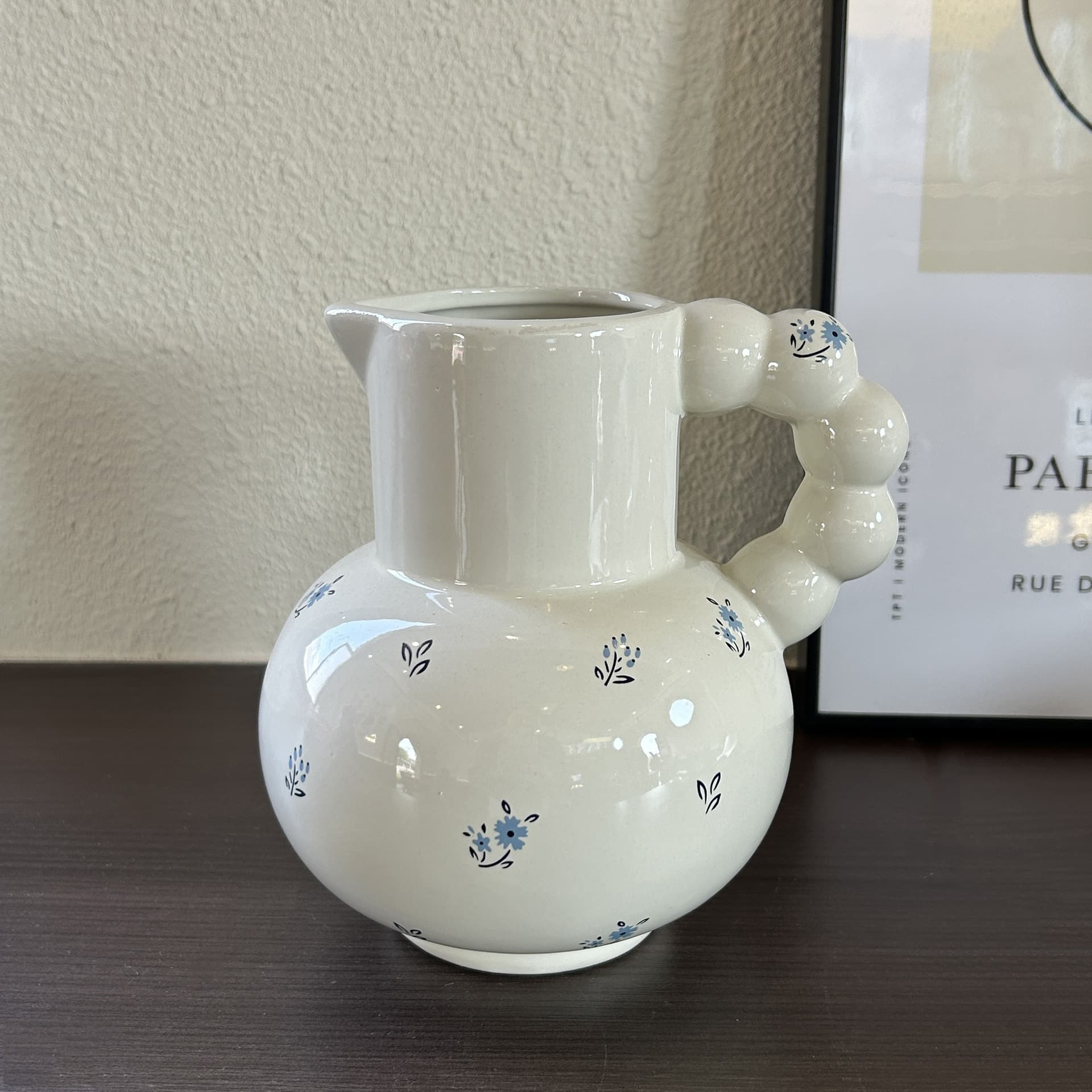French Vintage Milk Jug Vase with Bubble Handle Ceramic Vase Tabletop Decorative Ornament Living Room Dining Table Hydroponic Vase