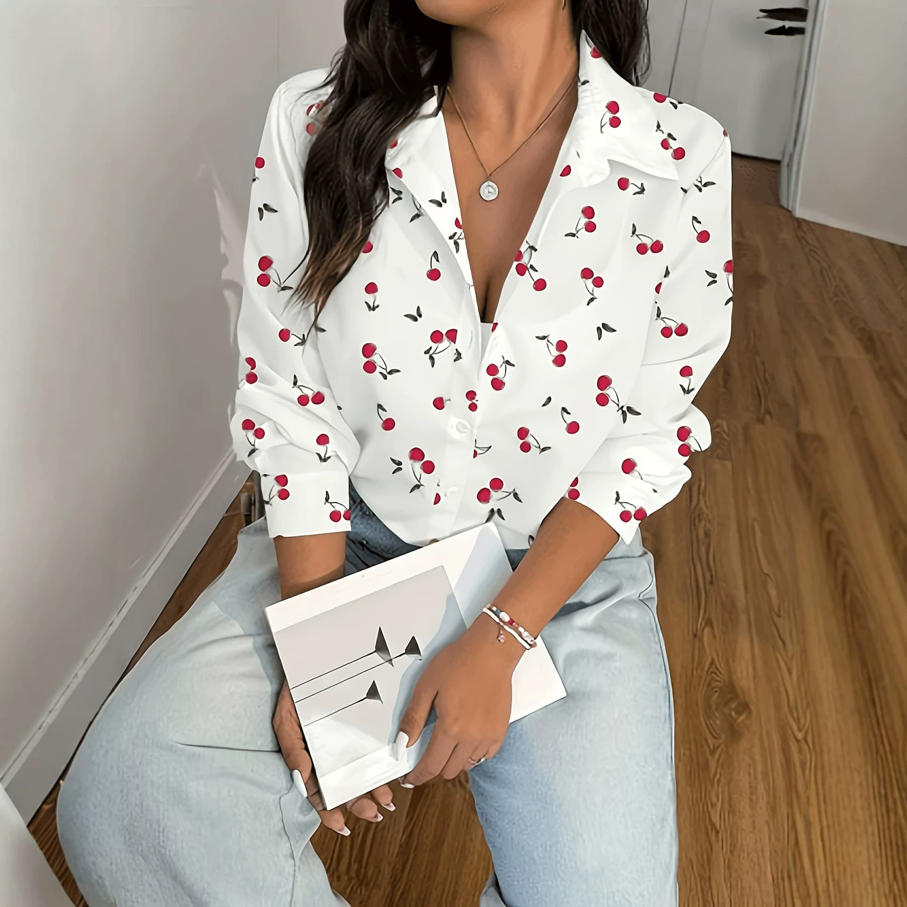 Amazon cross-border plus size women's clothing women's plus size elegant cherry print shirt