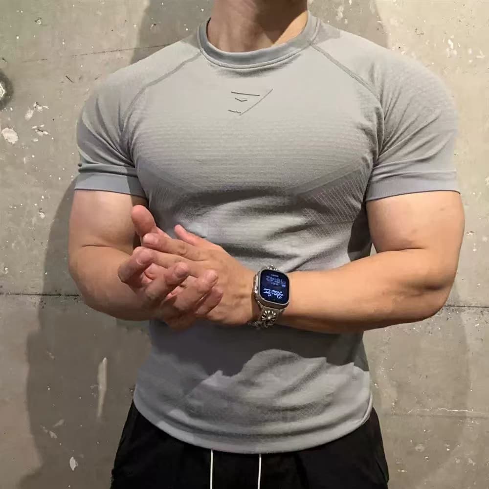 Muscle sports fitness men's T-shirt jogger gym bodybuilding quick-drying breathable tight round neck short sleeves