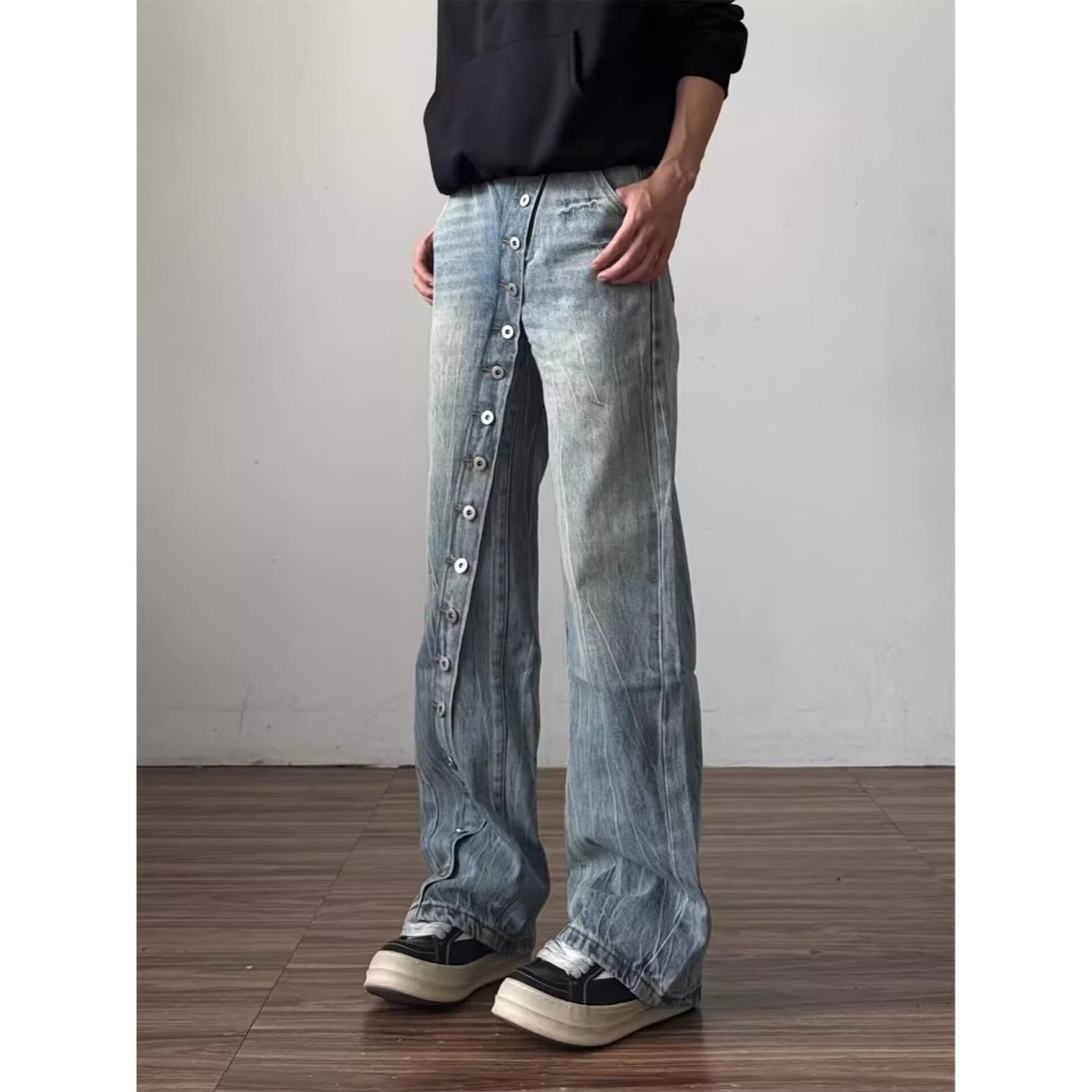 American Street Style Asymmetrical Button-Fly Jeans for Men and Women, Vintage Washed Loose Wide-Leg Floor-Length Pants