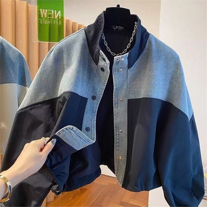 European Denim Patchwork Stand Collar Jacket for Women Spring/Autumn 2025 New Style Loose Casual Short Petite Jacket Top