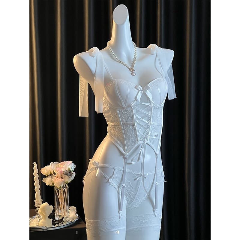 Pure and Sexy Lace Vest Set for Women with Padded Push-Up Strapless Bra, Fishbone Shapewear, High-End Outerwear Style