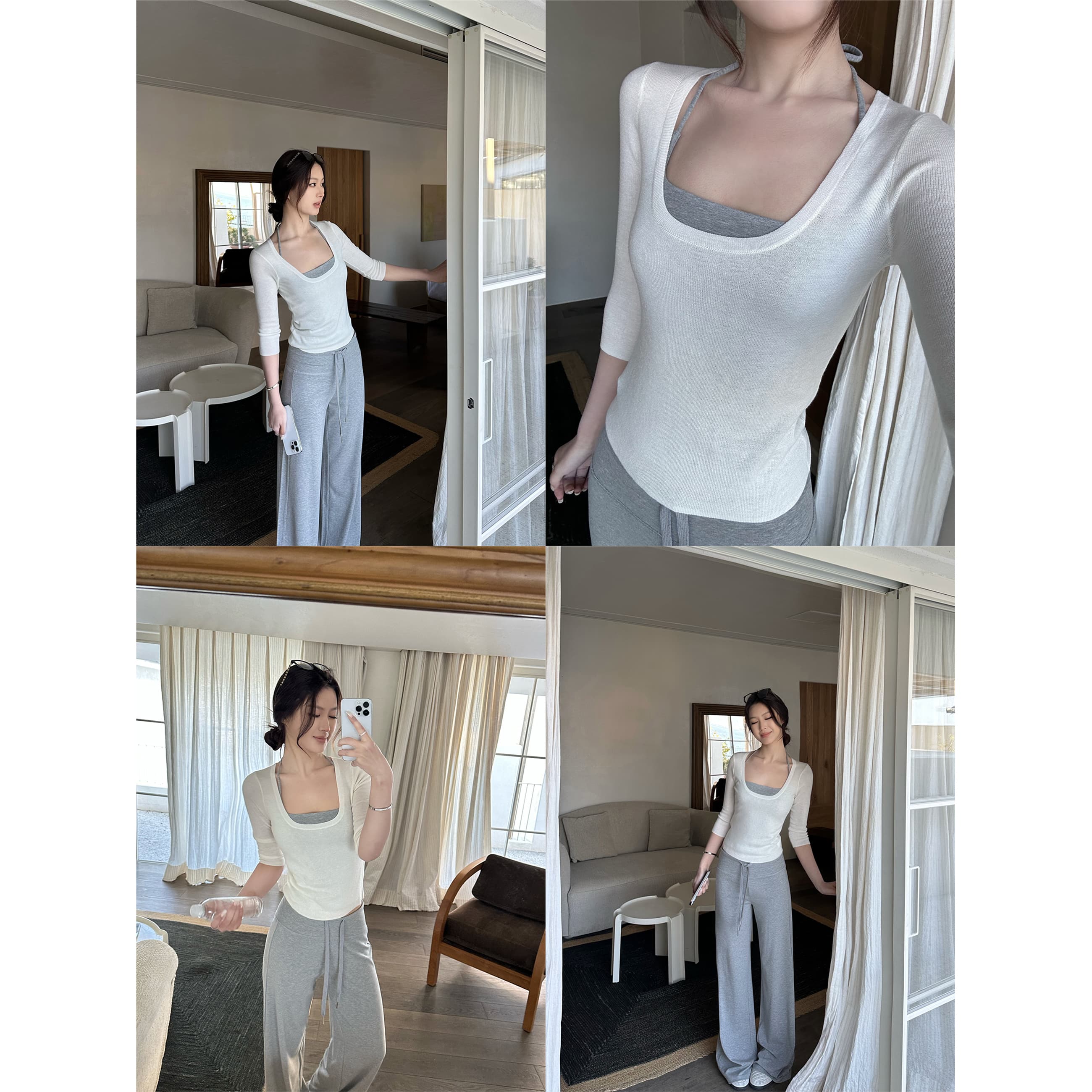 Sporty Layering Set: Merino Wool Knit T-Shirt, Halterneck Camisole, and Straight-Leg Slim Pants Set