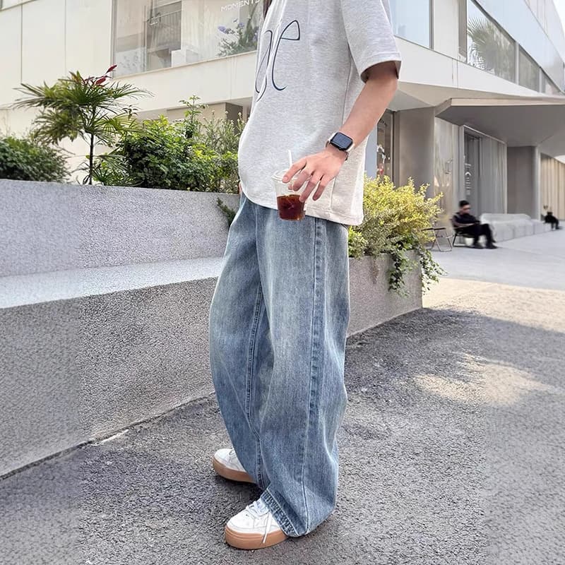 Light Blue Straight Leg Jeans for Men Summer Thin Loose Wide Leg Casual Pants 2025 New Style