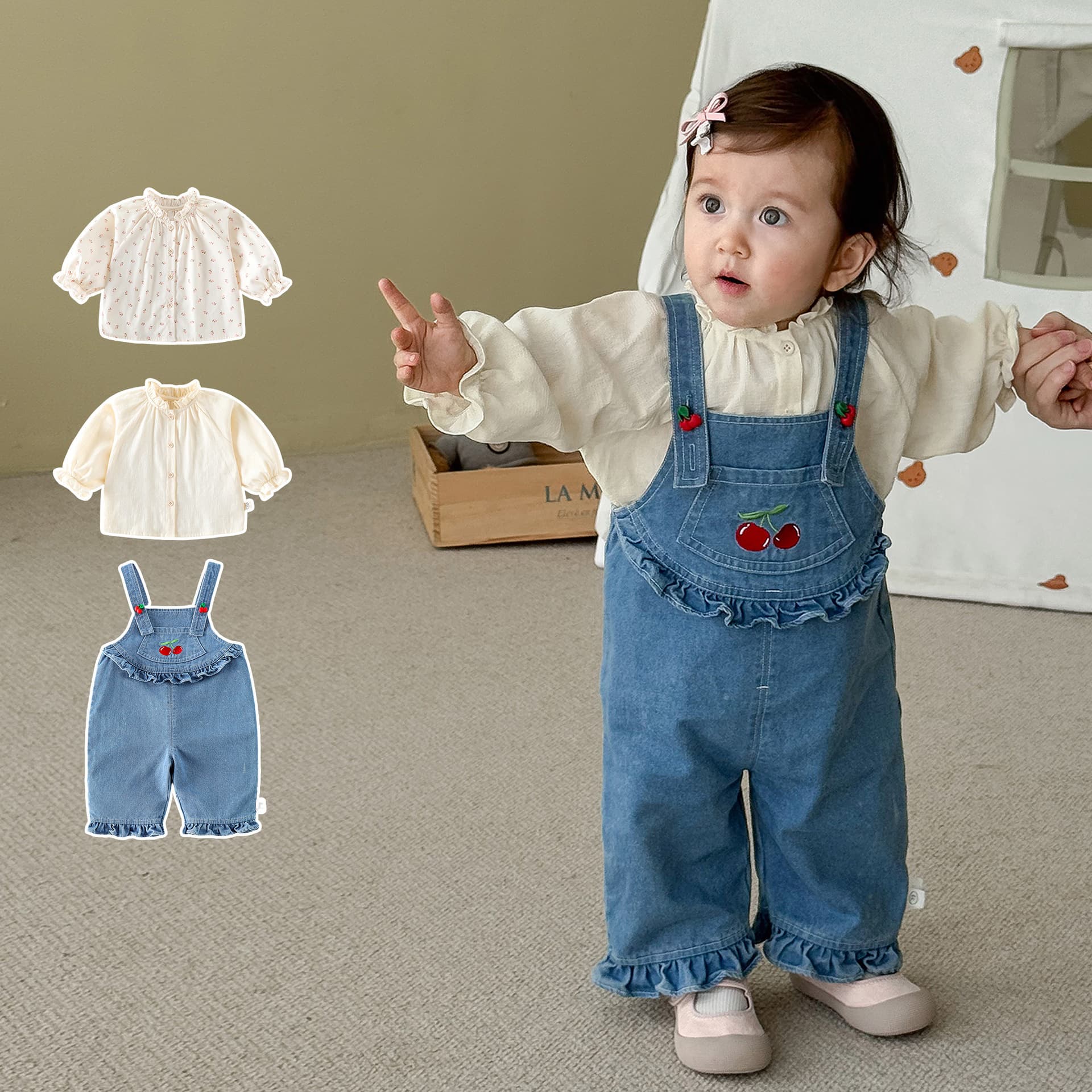 Girls' solid color shirt, 2025 new autumn style, fashionable Korean style floral stand collar shirt, baby autumn top.
