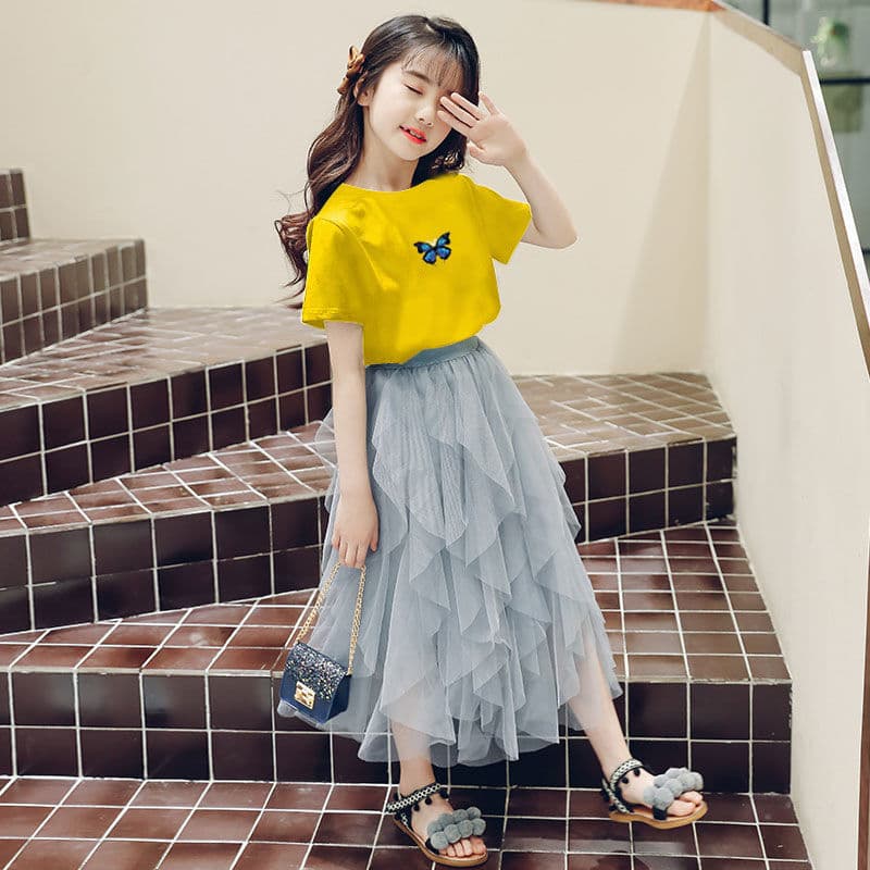 New Girls' Skirt Set Two-Piece, Trendy Children's Half Skirt and Princess Dress with Super Fluffy Tulle