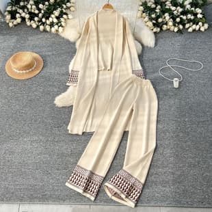 Cross-Border European and American Jacquard Casual Women's Set: Cape Jacket + Round Neck Base Knit Top + Wide-Leg Long Pants Three-Piece Set