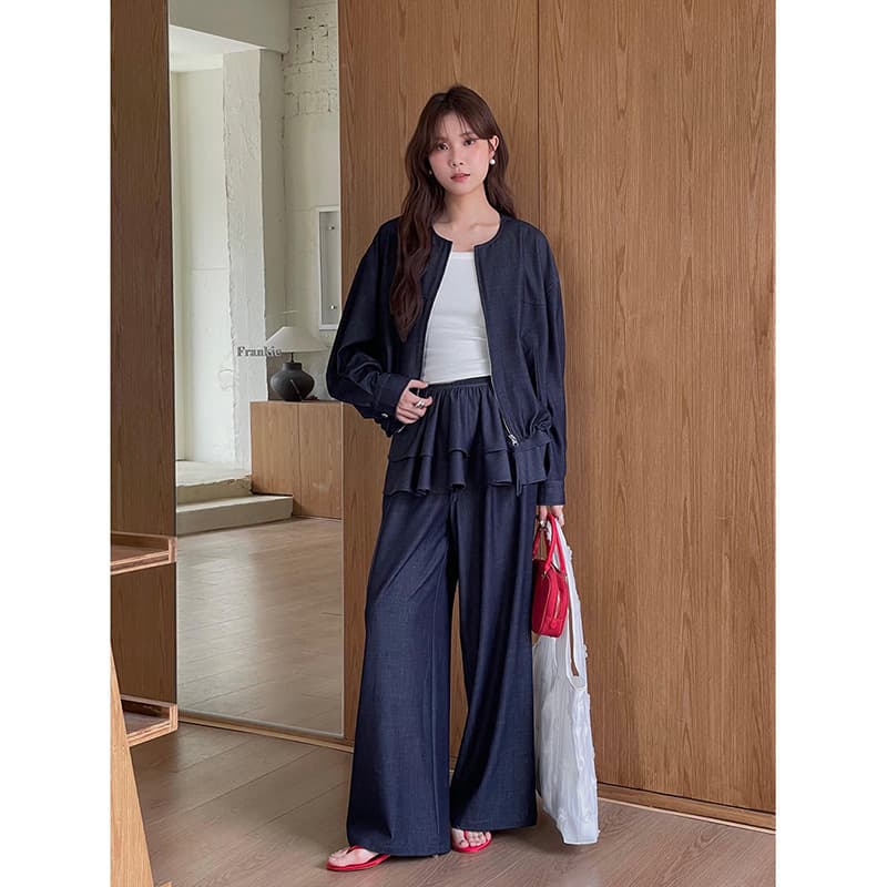 【Geming】Round-Neck Thin Denim Jacket + Elastic Waist Thin Denim Pants + Thin Denim Skirt Spring Set W892B