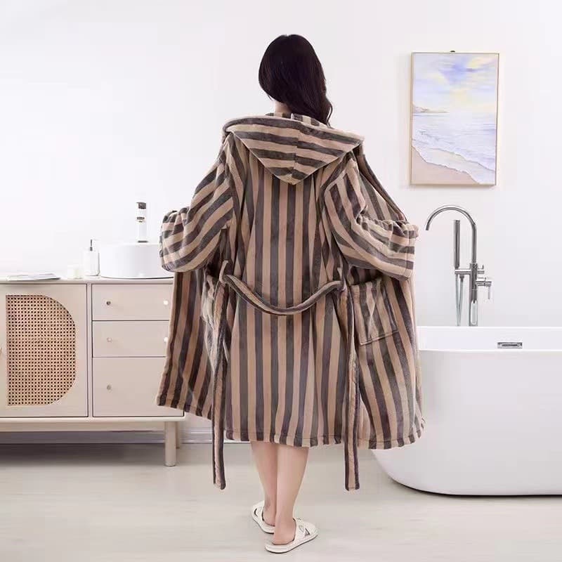2026 New Light Luxury Cotton Vintage Simple Bathrobe Checkered Vertical Stripe Bathrobe Hotel Home Bathrobe Men Women Long Style