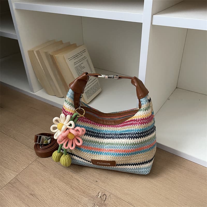 Rainbow Stripe Straw Bag Women's 2026 Summer New Seaside Vacation Beach Woven Shoulder Bag Commuting Tote Bag
