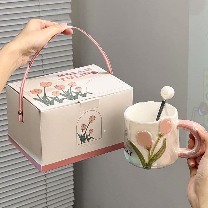 2024 New Tulip High-Looking Ceramic Cup Home Gift Box Mug Female Couple Coffee Cup