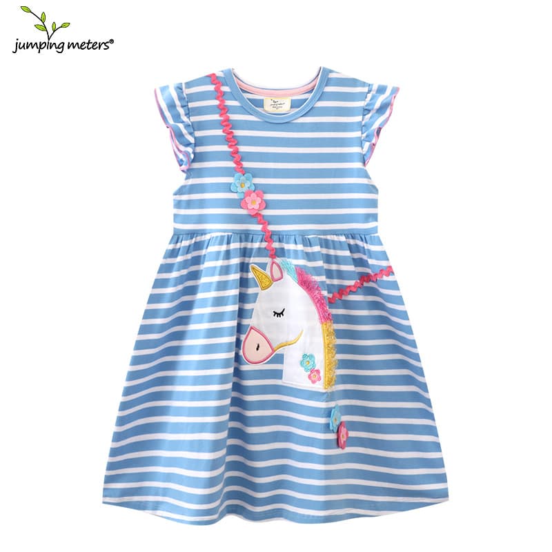 Girls Short Sleeve Knitted Cotton Princess Dress Unicorn Pattern Summer Dress European Style Soft Comfortable Breathable Dress