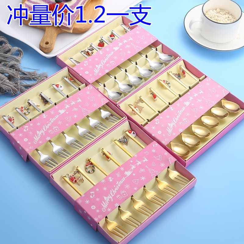 Stainless Steel Creative Christmas Pendant Ornament Spoon Gift Set, Character Stirring Fruit Spoon and Fork Cartoon Gift Box