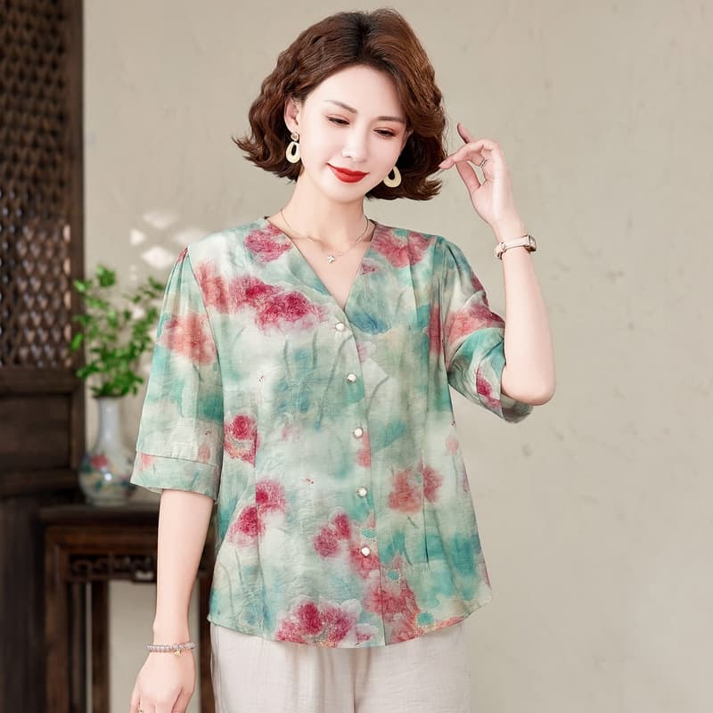 2025 New Fashion Summer Middle-Aged Mother's Wear Casual Outerwear Thin Three-Quarter Sleeve Cardigan Women's Top