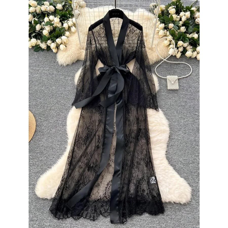 New Sexy Lace Nightgown Robe Bathrobe Long Outer Robe Mesh Women Summer Wholesale for Cross-border Amazon