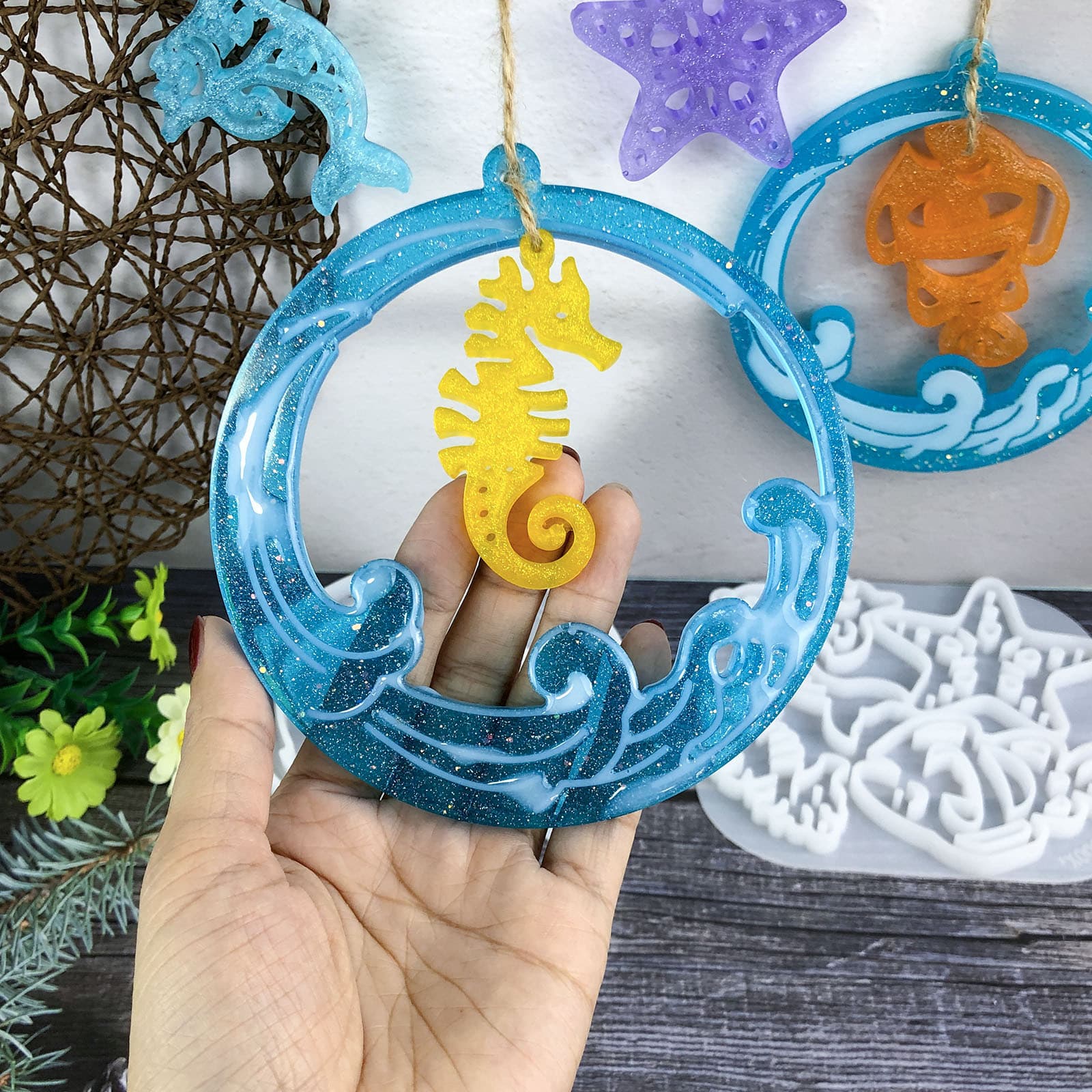 X0064+X0065 Wave Hanging Ring + Marine Animal Core Decoration Mold, DIY Silicone Mold