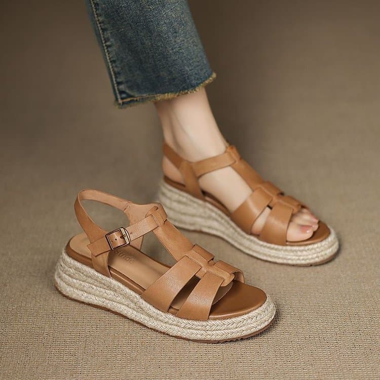 Thick Sole Flat Sandals 2026 Summer New Women's Chunky Heel Mid Heel Fashion Shoes Woven Wedge Open Toe Sandals