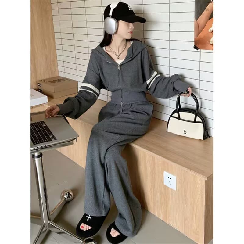 2026 Spring Autumn Trendy Outfit Full Set Women Casual Hoodie Sweatshirt Fashionable Sporty Wide-Leg Pants Two-Piece Set