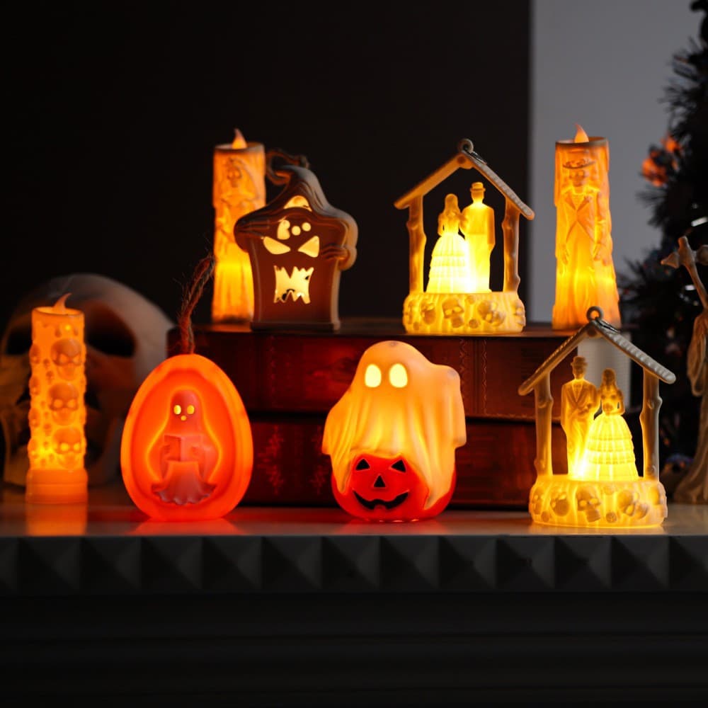 Halloween Ghost Pumpkin Lamp, Ghost Bride and Groom Skeleton Candle Lamp, Electronic Candle, Halloween Decoration Props