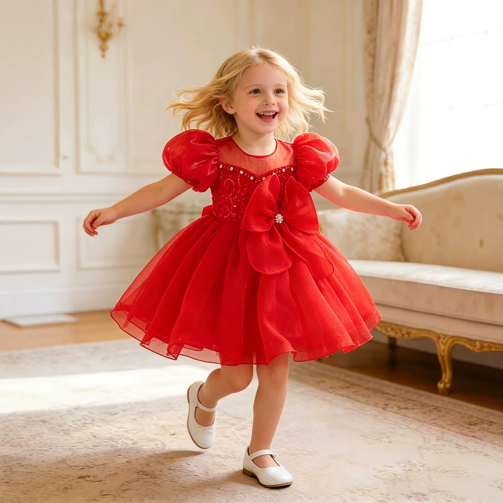 Foreign trade new children's dress bow puff sleeve cake princess dress girl flower girl dress kids dress