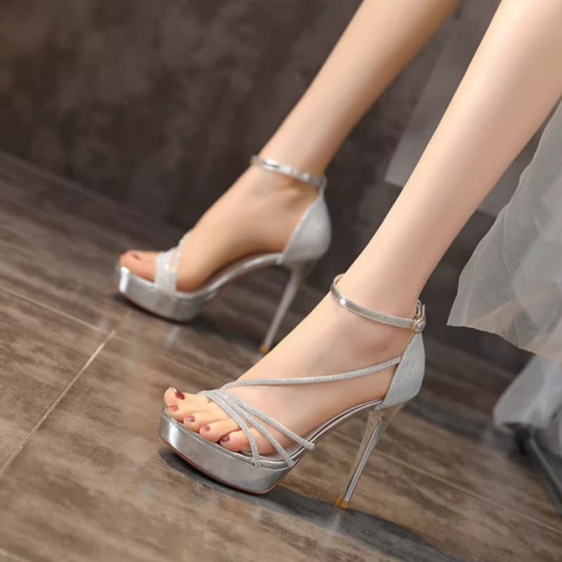 French Socialite Sexy Crystal Soft Leather Sandals for Women 11cm Ultra High Stiletto Waterproof Platform Strap Catwalk High Heels