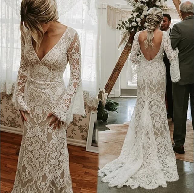 French Light Wedding Dress Lace Long Sleeve V-Neck Backless Mermaid Slim Train Bride Main Dress Forest Wedding Dress