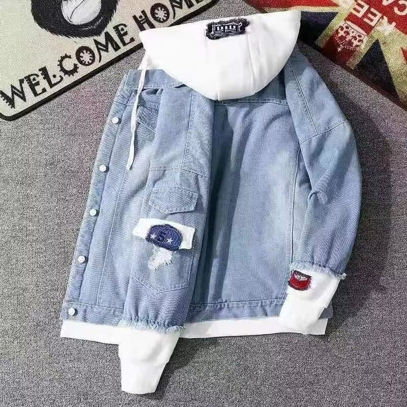 Hooded Denim Jacket For Men Loose Fit Vintage Style Student Saltwater Spray Streetwear Top Trendy Autumn/winter 2023