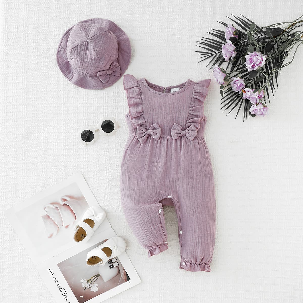 [2026 Summer New Style] Foreign Trade Cross-Border Baby Sleeveless Jumpsuit Wrinkled Fabric Bow Jumpsuit with Hat