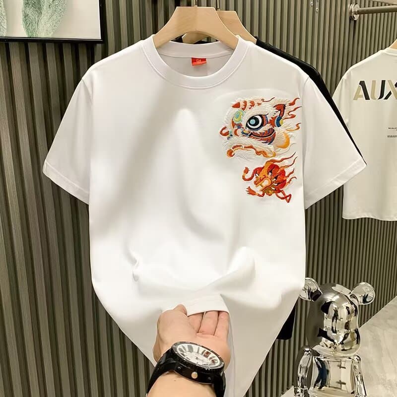 Summer trendy brand short-sleeved T-shirt, national fashion lion dance, Chinese style lion dance half-sleeved T-shirt, trendy versatile bottoming shirt for men