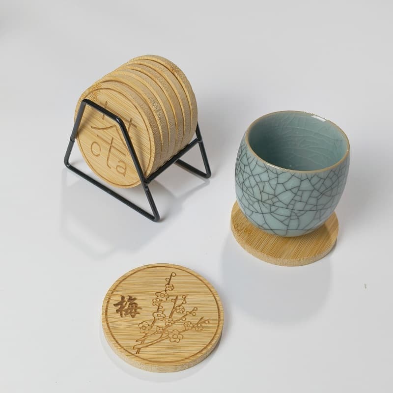 Small round tea coasters, bamboo desktop heat insulation pads, Japanese-style tea set cup holders, coffee and water cup coaster bases with LOGO