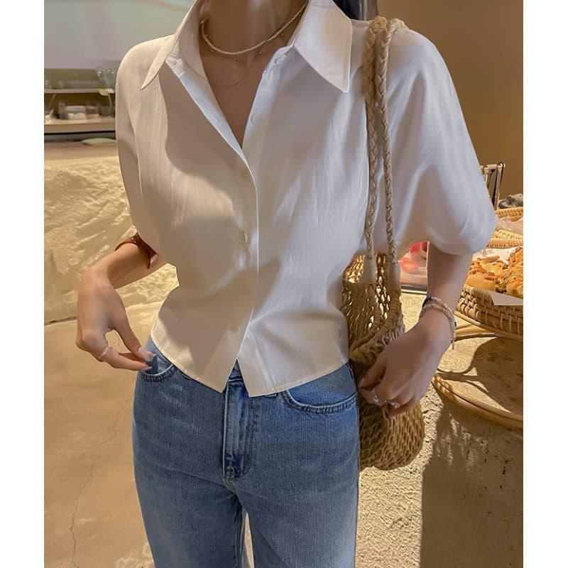 Cross-Border Short Sleeve Chic Top 2026 Summer New Casual Short Cropped Blouse Single-Breasted Shirt for Women