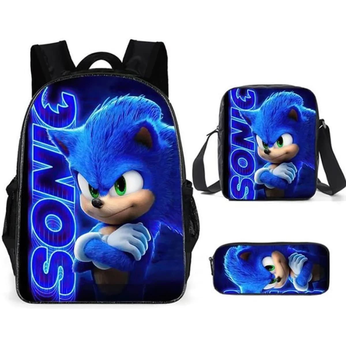 Cross-border New Product Sonic Primary School Backpack 3-Piece Set Cartoon Anime Backpack Shoulder Bag Pencil Case