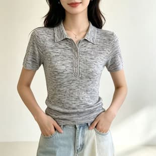 Vintage Polo Collar Short Sleeve Knit Top Women Commuter Style Slimming Elegant Fall Crew Neck Turn-Down Collar T-Shirt Top