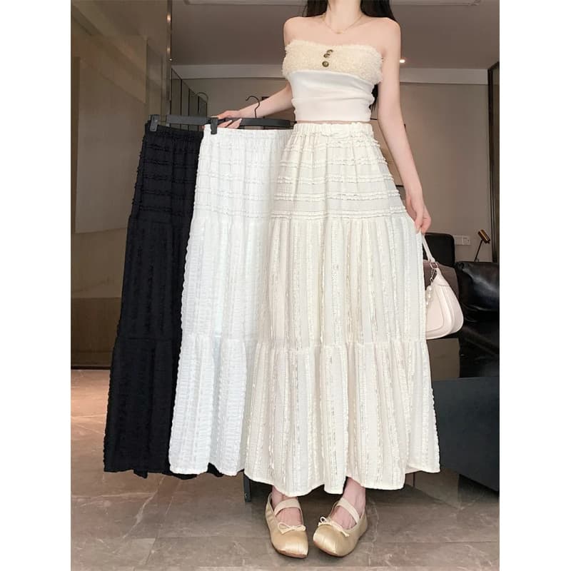 White Long Skirt for Women 2025 New Summer Versatile Elastic Waist A-Line with Pockets Cake Skirt