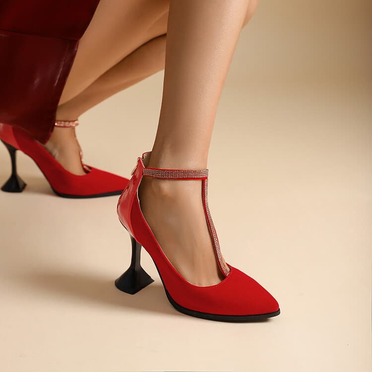 33-50 European and American Sexy Size Code Cross-Border Shallow Mouth Pointed Super High Heel Rhinestone T-Strap Women's Shoes G59
