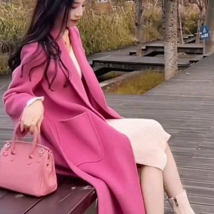 Pink Hepburn-style Double-faced Wool Cashmere Elegant Waist-cinching Loose Fitting Woolen Coat Autumn Winter Water Ripple Long Coat