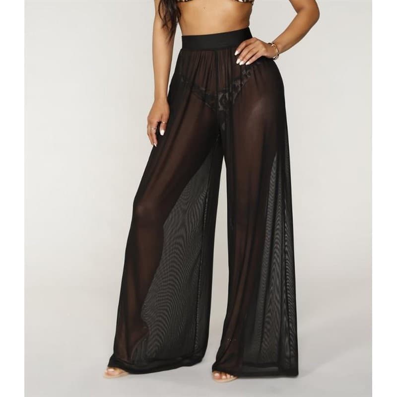 Solid Color Sheer Trousers Women's Summer High-Waist Mesh Sexy Beach Wide-Leg Pants